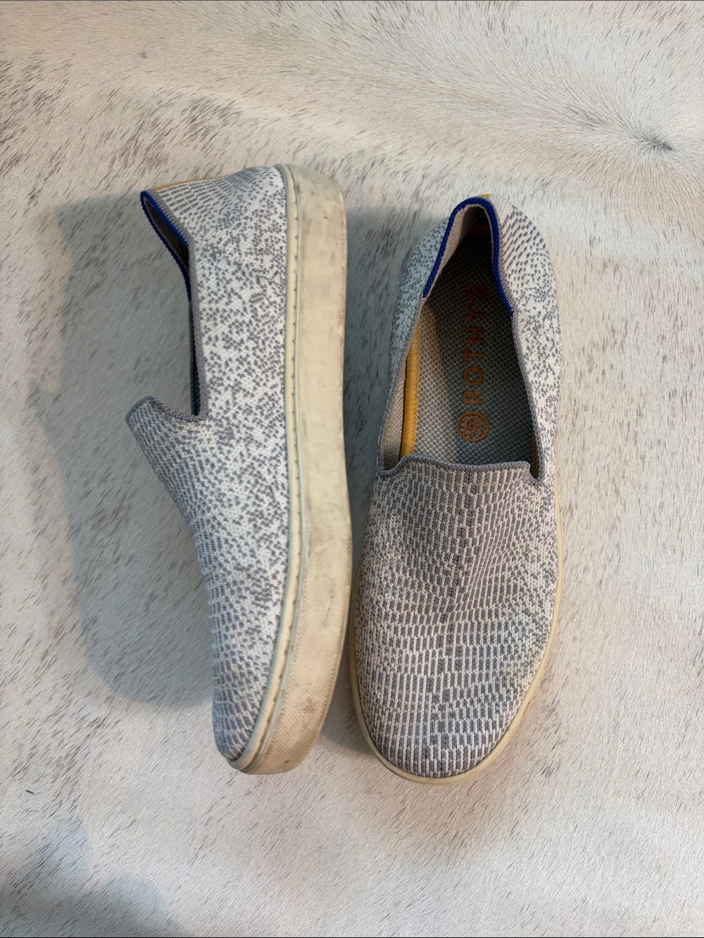 Rothy's Grey Knit Slip-On Loafers with Blue Trim